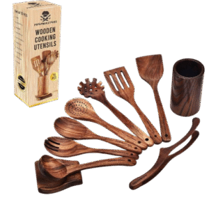 10 Pcs Natural Teak Wooden Spoons for Cooking, Kitchen Utensil Set with Spoon Rest – Nonstick & Safe Cooking Tools