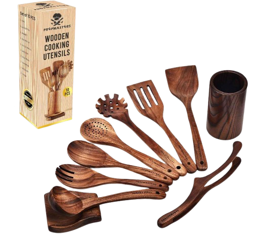 10 Pcs Natural Teak Wooden Spoons for Cooking, Kitchen Utensil Set with Spoon Rest – Nonstick & Safe Cooking Tools