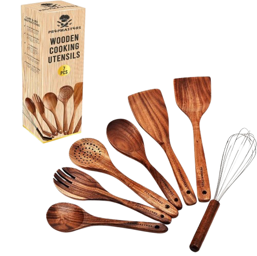 7 Pcs Natural Teak Wooden Spoons for Cooking, Kitchen Utensil Set